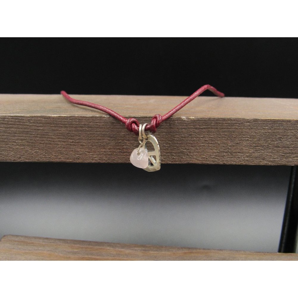 10 Inch Sterling Silver Red Leather Heart And Rose Quartz Ankle Bracelet